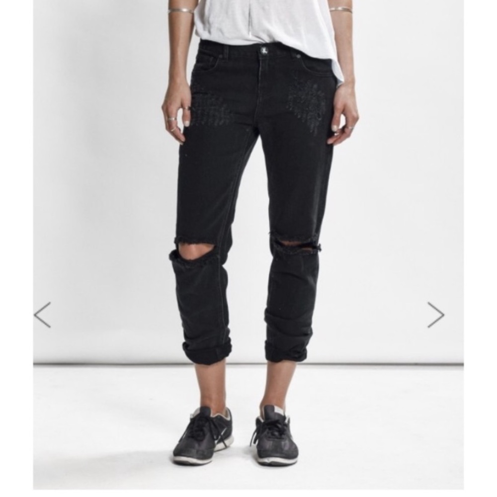 Free People One Teaspoon Awesome Baggies Jeans Black Oak Straight leg Distressed - Picture 16 of 16